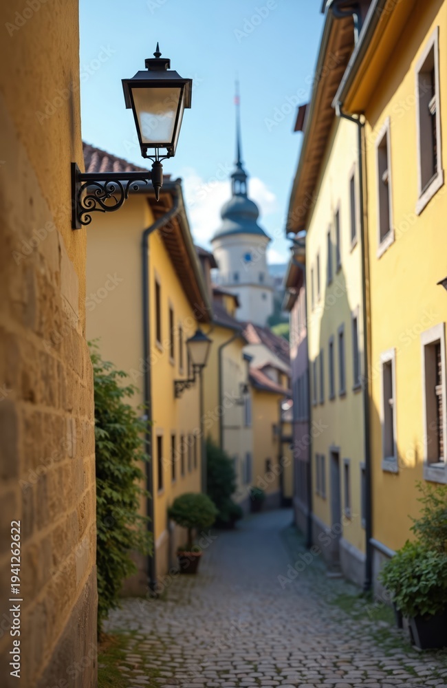 Obraz premium Narrow cobbled street in old European town center. Yellow buildings line historic path. Traditional lamp post on wall overlooks quaint walkway toward distant tower.