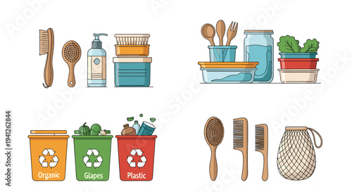 Selection of eco-friendly household items like wooden brushes and glass jars alongside recycling bins for organic, glass, and plastic.