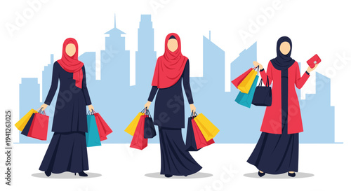 Three fashionable Muslim women wearing hijabs and long dresses carrying many colorful shopping bags in front of a city skyline.