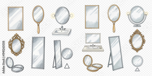 Set of various mirrors, including hand mirrors, standing mirrors, and bathroom mirrors, isolated on a transparent background.