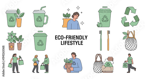 Comprehensive set of illustrations promoting an eco-friendly lifestyle including recycling, using reusable bags, and planting greenery.