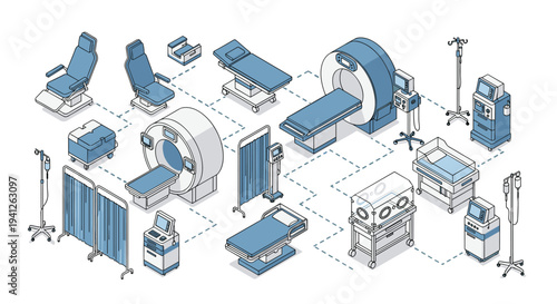 Isometric collection of advanced medical equipment including mri scanners, patient beds, neonatal incubators, and monitoring devices.