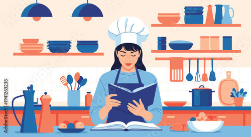 Professional female chef in a white hat and apron reading a cookbook to prepare a delicious recipe in a well-equipped kitchen.