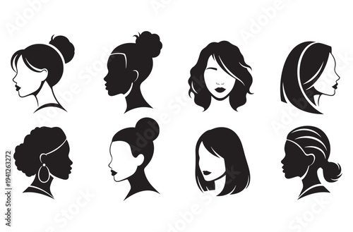 Collection of female profile silhouettes showcasing diverse hairstyles and head coverings with variations in hair buns, braids and natural textures