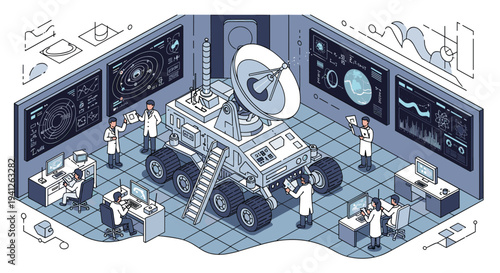 Group of scientists and engineers in a high-tech laboratory building and testing a sophisticated space rover for planetary exploration.