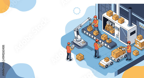 Industrial automated factory scene featuring robotic arms and workers monitoring a conveyor belt for efficient package assembly.