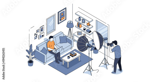 Professional photographer using studio lights and a camera to take photos of a content creator working on a laptop in a living room.
