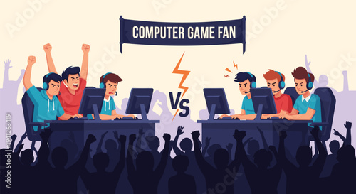 Intense e-sports gaming tournament scene with two professional teams competing in front of a cheering crowd of computer game fans.