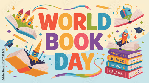 Vibrant world book day illustration with books graduation caps and colorful rockets flying out of pages on light blue background