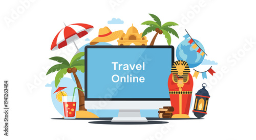 Creative online travel agency concept showing a computer monitor surrounded by global landmarks, beach items, and holiday decorations.