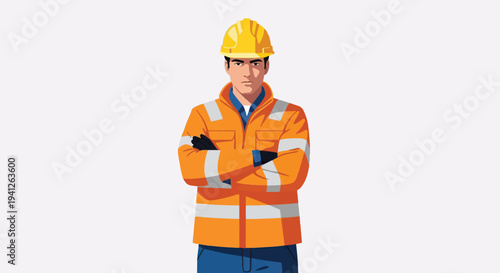 Professional construction worker in yellow hard hat and orange high-visibility jacket, arms crossed, ready for work