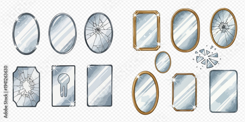 Set of realistic vector illustrations of whole and broken mirrors with frames, isolated on a transparent background.