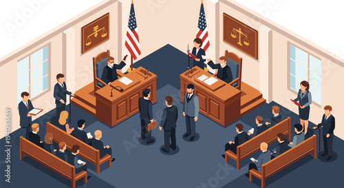 Isometric courtroom interior scene depicting a legal trial with judges, lawyers, and spectators during a judicial proceeding.