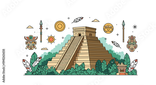Ancient Mayan pyramid surrounded by lush jungle greenery with traditional cultural elements like tribal masks, spears, and feathers.