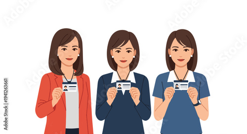 Confident female employees showcase their official identification cards, embodying corporate professionalism, access, and secure workplace identity