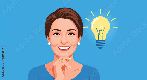 Cheerful woman with a glowing lightbulb above her head, symbolizing a fresh idea, creative thought, problem-solving, and the concept of inspiration and insight