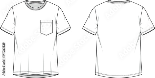 Blank white pocket t-shirt technical flat sketch front and back view vector illustration for fashion design template and apparel mockups
