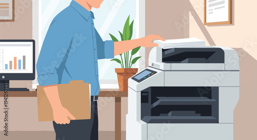 Professional man feeding documents into a multifunction printer, performing office tasks like copying or scanning in a productive business workspace