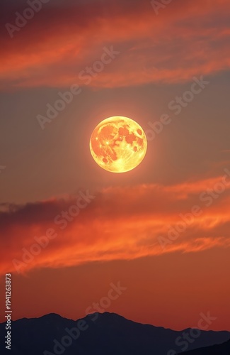 Huge orange moon hangs in twilight sky with red clouds. Dark mountain silhouettes below. Celestial body glows bright over landscape. Evening wonder.