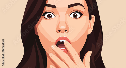 Close-up illustration of a young woman with a shocked expression, hand covering her mouth, revealing a missing front tooth, depicting surprise and dental concern