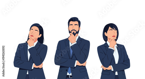 Diverse business professionals engaging in thoughtful consideration and strategic decision-making, reflecting on complex challenges and brainstorming innovative solutions