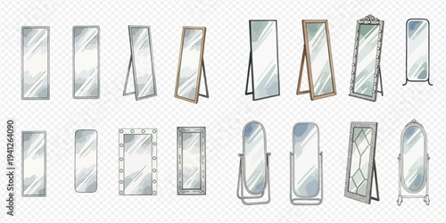 Set of various mirrors with different frames and shapes, including floor and wall-mounted designs, on a transparent background.
