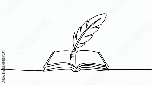 Open book with feather quill pen on white background symbolizing literature and education