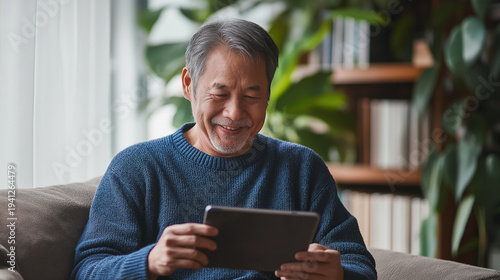 Active mature Asian man sitting on sofa, engaged in e-learning with tablet
