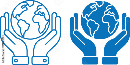 Global environmental protection symbol with hands holding earth in blue icon design for eco friendly awareness and conservation efforts worldwide
