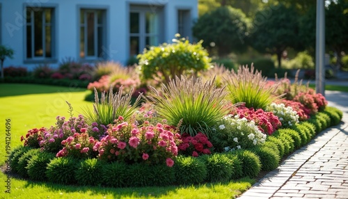 Wallpaper Mural A lush garden bed overflows with pink red and white flowers along a paved walkway. manicured green grass and foliage complement a modern building exterior. Torontodigital.ca