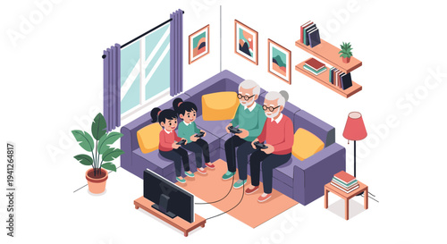 Grandparents and grandchildren bonding over video games while sitting together on a purple sofa in a cozy living room setting.