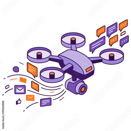 A drone flies through the air with various digital icons and messages surrounding it.