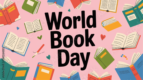 World book day celebration with colorful books and hearts on pink background