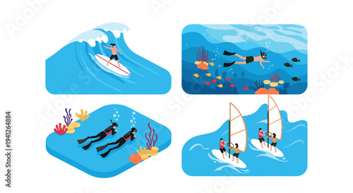 Vibrant set of illustrations showcasing various water sports including surfing, snorkeling, scuba diving, and windsurfing in blue ocean water.