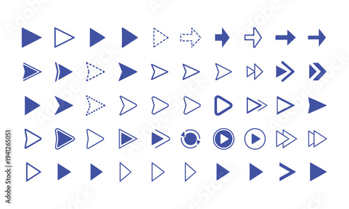 Collection of various blue arrow icons and navigation symbols representing forward movement and play