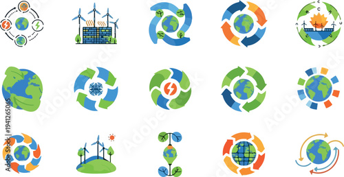 Set of 20 eco friendly icons vector, green earth symbols, sustainability illustrations