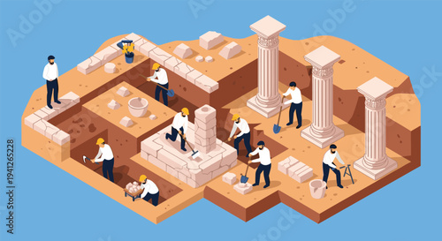 Isometric scene of an archaeological excavation site where a team is carefully uncovering ancient stone pillars and artifacts from the ground.