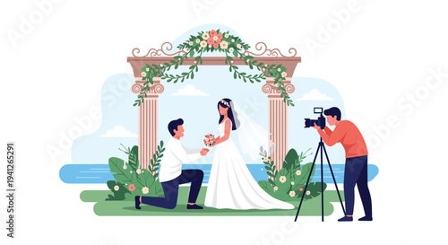 Romantic beach wedding proposal scene with a man kneeling before a woman under a floral arch while a photographer captures the moment.