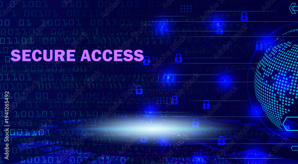 Fototapeta premium Secure access technology background illustration with padlock icons and binary code for cyber protection web banner