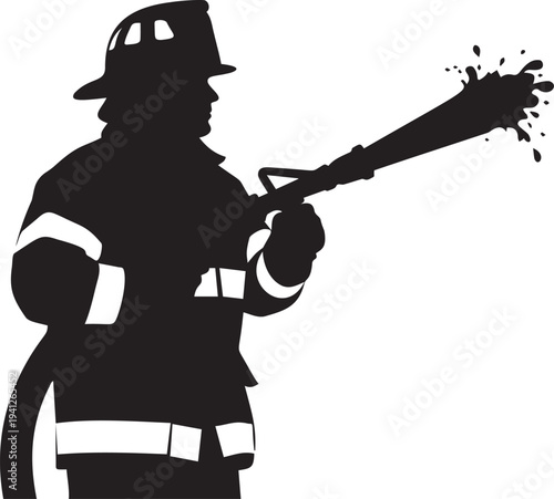 Firefighter in helmet spraying water from hose