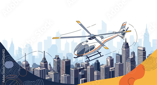 Modern helicopter soaring through the air over a sprawling metropolitan city skyline with numerous skyscrapers during the day.
