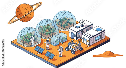 Futuristic Mars colony scene showing astronauts tending to plants inside glass dome greenhouses near their living quarters on the planet.