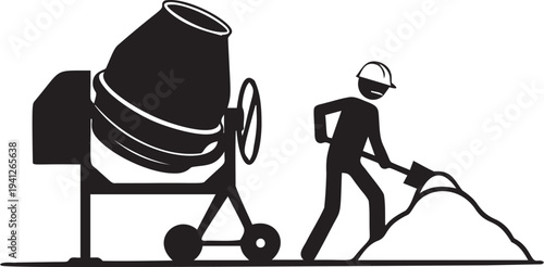Industrial construction site worker using shovel to mix concrete near manual cement mixer machine silhouette on grey background