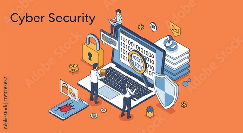Detailed cyber security concept featuring a laptop surrounded by digital safety icons like locks, shields, and people inspecting code.