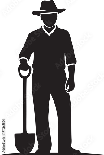 Farmer silhouette with hat standing beside shovel, agricultural worker preparing soil for planting, rural lifestyle