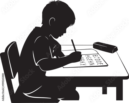 Young boy silhouette at desk writing alphabet letters pencil learning education child student drawing practicing early childhood development