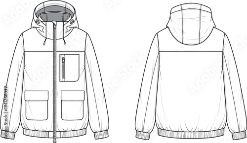 Technical fashion flat sketch of a hooded windbreaker jacket with cargo pockets zip up front and elastic hem for men