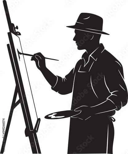 Talented artist silhouette wearing fedora hat painting on canvas with brush while standing at easel in studio environment