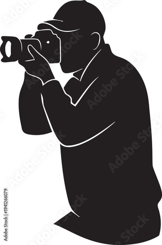 Professional photographer silhouette holding digital dslr camera while taking photos during media event or outdoor photoshoot