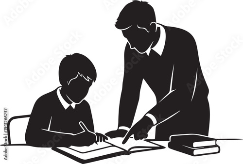Child education mentor teaching student silhouette studying with open book on table pointing to page illustration